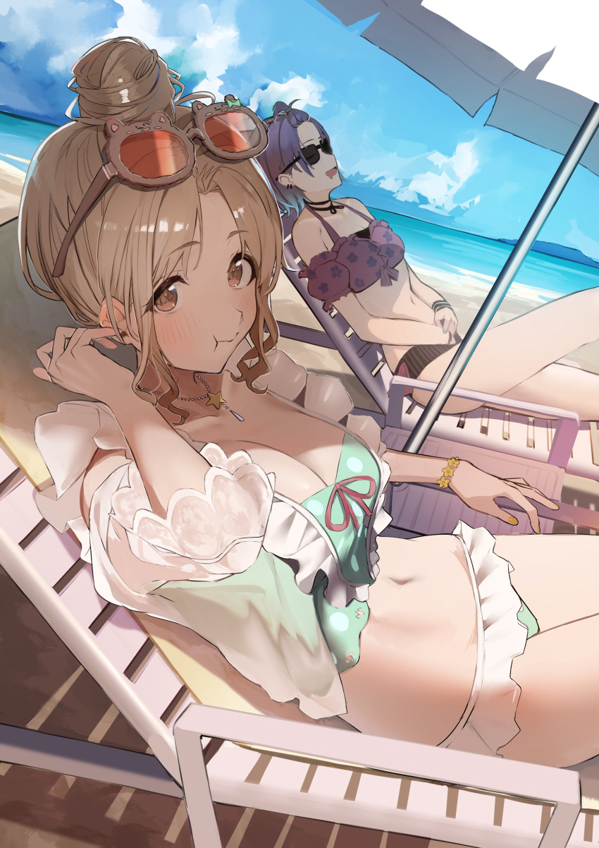 2girls absurdres asakura_toru beach beach_chair beach_umbrella bikini blue_sky blush bracelet breasts brown_eyes brown_hair cleavage closed_eyes cloud commentary_request day dutch_angle eyewear_on_head green_bikini hair_bun highres ichikawa_hinana idolmaster idolmaster_shiny_colors jewelry large_breasts looking_at_viewer multiple_girls navel necklace ocean outdoors short_hair single_hair_bun sky sleeping star_(symbol) star_necklace stomach sunglasses swimsuit thighs umbrella uouokuma yellow_nails