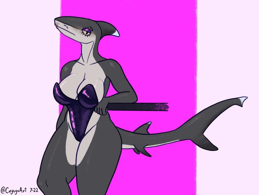 2022 absurd_res anthro big_breasts breasts cayugo clothed clothing digital_media_(artwork) dorsal_fin eyebrows eyelashes eyeshadow female fin fish grey_body grey_skin hi_res leaning lips lipstick looking_at_viewer makeup marine multicolored_body non-mammal_breasts playboy_outfit rubber rubber_clothing rubber_suit shark signature simple_background solo tail_fin thick_thighs two_tone_body yellow_eyes