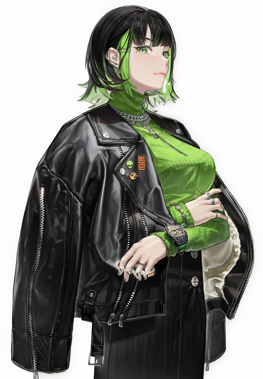 1girl earrings green_eyes green_sweater hair_ornament hairpin highres jacket jewelry leather leather_jacket mole mole_under_eye multicolored_hair original ring ryoga solo sweater two-tone_hair watch white_background