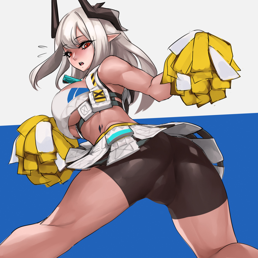 1girl arknights ass bare_shoulders bike_shorts_under_skirt black_shorts blue_archive blue_background breasts cosplay crop_top crop_top_overhang flying_sweatdrops from_behind grey_hair hibiki_(cheerleader)_(blue_archive) hibiki_(cheerleader)_(blue_archive)_(cosplay) highres holding horns large_breasts long_hair looking_at_viewer looking_back miniskirt mudrock_(arknights) nephlite open_mouth oripathy_lesion_(arknights) pointy_ears pom_pom_(cheerleading) red_eyes shorts skirt sleeveless solo standing two-tone_background underboob white_background white_skirt