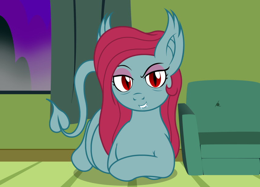badumsquish bat_pony demon demon_pony equid equine eyeshadow fan_character fangs hasbro hi_res horse looking_at_viewer makeup mammal monster my_little_pony pink_eyeshadow pony pupils red_eyes slit_pupils smile window