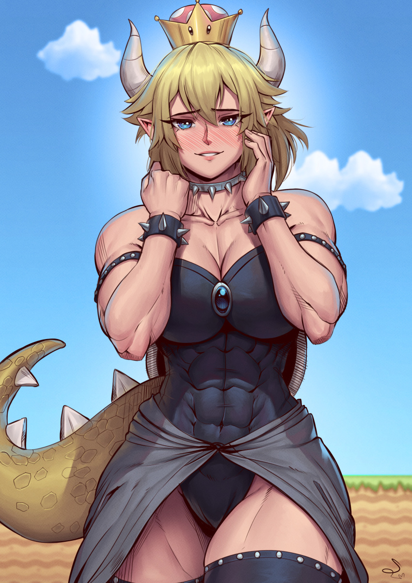 1girl absurdres armlet bare_shoulders black_dress black_leotard blonde_hair blue_eyes bowsette bracelet breasts cleavage collar crown dress earrings genderswap genderswap_(mtf) highres horns jewelry large_breasts leotard long_hair looking_at_viewer mario_(series) muscular new_super_mario_bros._u_deluxe pointy_ears ponytail speedl00ver spiked_bracelet spiked_collar spiked_tail spikes strapless strapless_dress strapless_leotard super_crown tail teeth