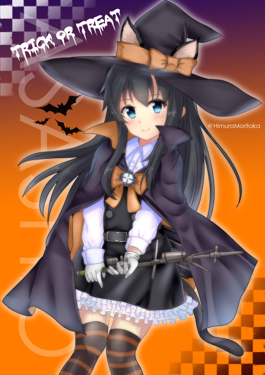 1girl absurdres animal_ears asashio_(kancolle) asashio_kai_ni_(kancolle) bangs black_dress black_hair black_headwear black_thighhighs blue_eyes bow cat_ears cat_tail cloak collared_shirt dress feet_out_of_frame gloves halloween hat hat_bow highres himura_moritaka kantai_collection long_hair long_sleeves orange_thighhighs pinafore_dress searchlight shirt smile solo striped striped_thighhighs tail thighhighs twitter_username white_gloves white_shirt witch_hat