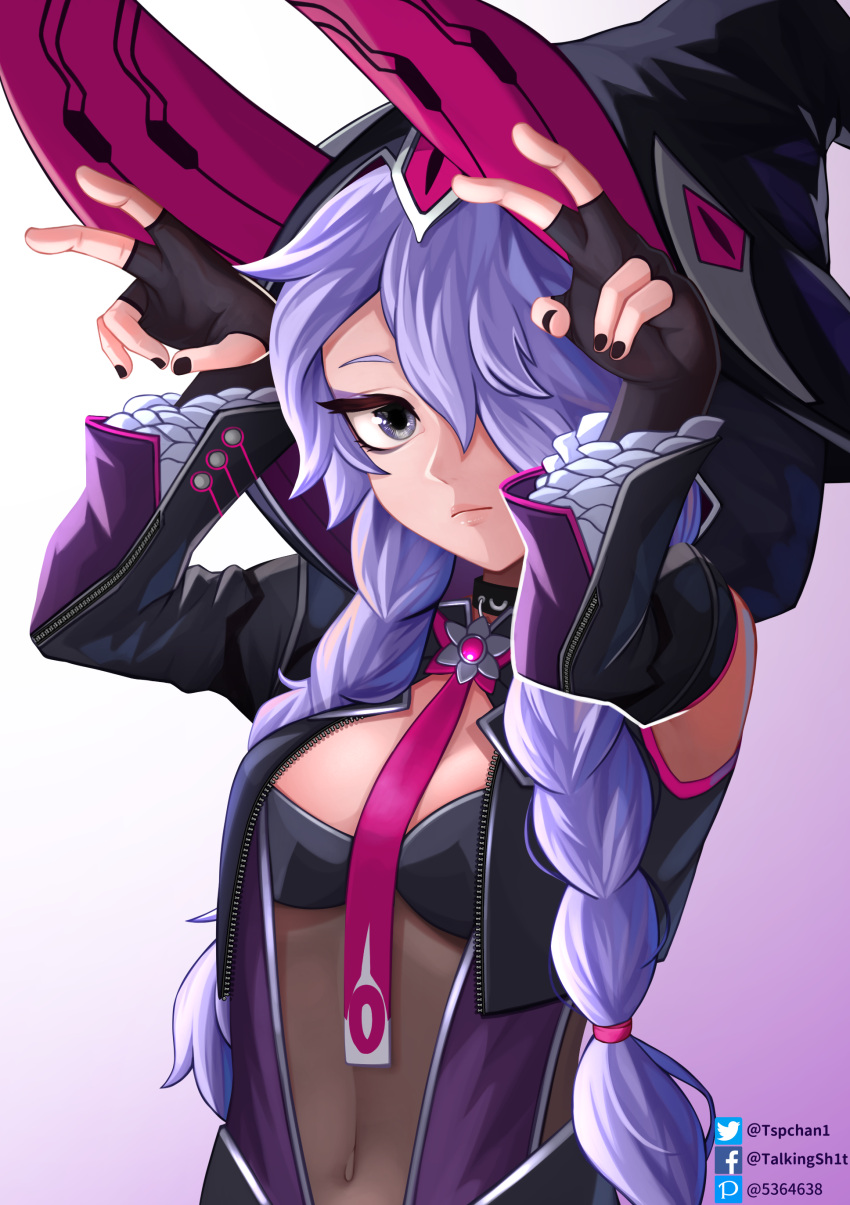 1girl absurdres armpits arms_up black_nails choker closed_mouth colored_skin detached_sleeves era_(omega_strikers) facebook_username fingerless_gloves gloves hat highres long_eyelashes looking_at_viewer midriff_peek necktie omega_strikers one_eye_covered pixiv_id purple_hair simple_background tagme tsp white_skin witch witch_hat
