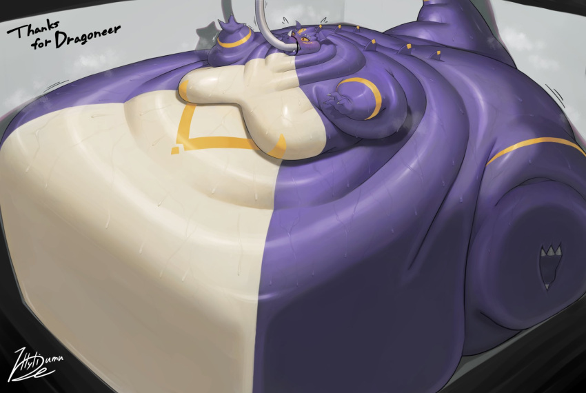 anthro belly belly_expansion belly_inflation belly_squish bellylliumu big_belly big_butt blush bodily_fluids butt chubby_cheeks claws double_chin dragoneer_(character) embarrassed expansion fangs fat_rolls glistening hi_res horn hose hose_in_mouth hose_inflation huge_butt huge_moobs huge_thighs hyper hyper_belly hyper_butt hyper_thighs immobile inflation inside invisible_wall love_handles male moobs morbidly_obese murasadramon muzzle_(object) muzzled obese oruka0827 overweight purple_body red_eyes room_filling solo squish stuck sweat sweatdrop tan_body thick_arms thick_tail thick_thighs weight_gain wide_hips yellow_sclera