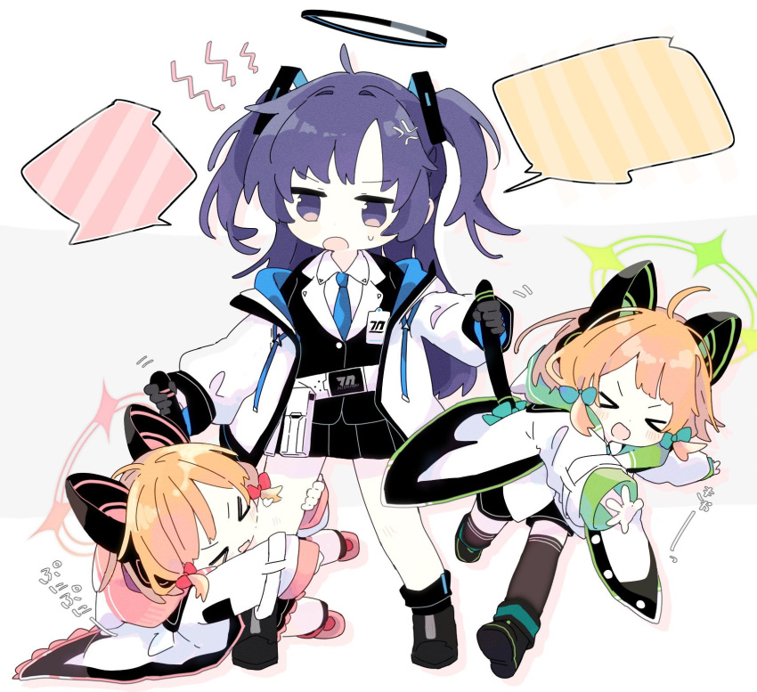 &gt;_&lt; 3girls anger_vein black_footwear black_skirt black_thighhighs black_vest blonde_hair blue_archive blue_hair blue_necktie blush bow chibi coat fake_tail green_bow halo highres holding_tail leg_grab long_hair long_sleeves midori_(blue_archive) momoi_(blue_archive) multiple_girls naguru_(cyoroama) necktie open_mouth pleated_skirt skirt sweat tail tail_grab thighhighs two_side_up vest white_coat yuuka_(blue_archive)