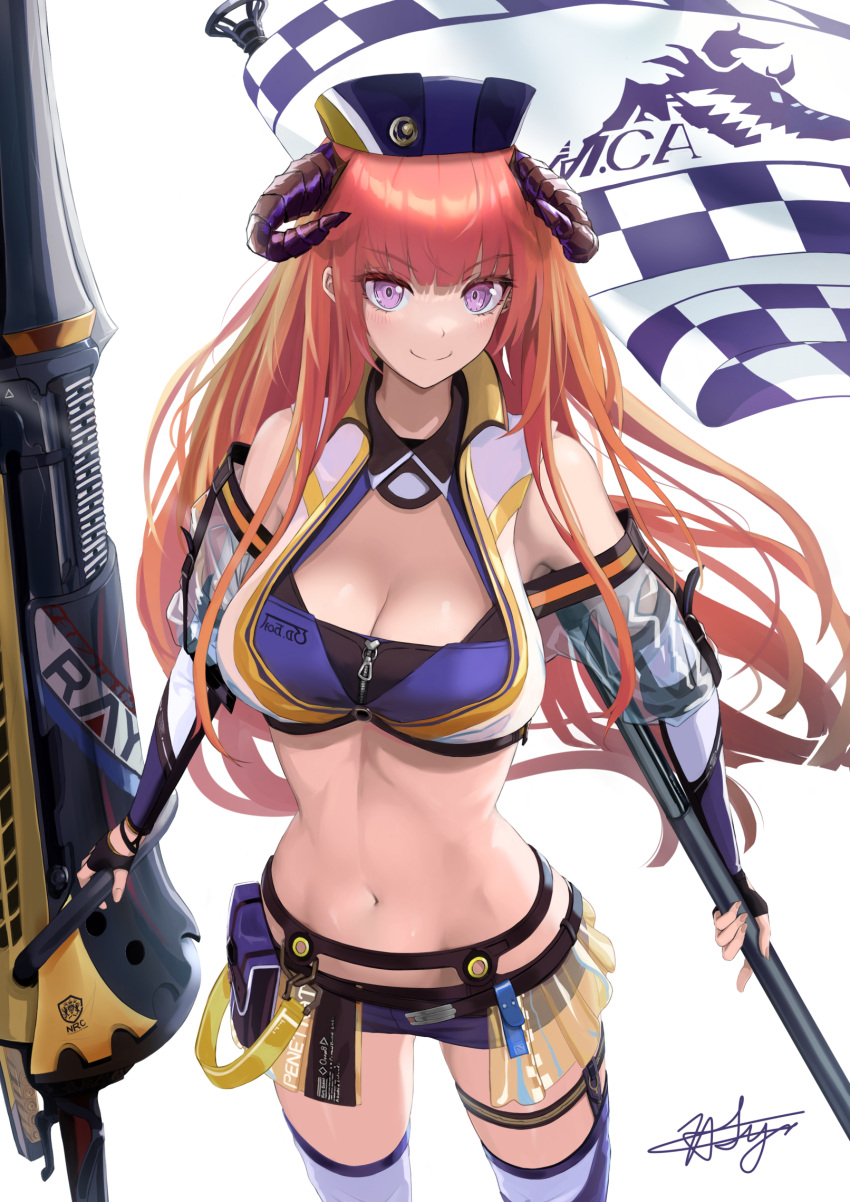 1girl arknights bagpipe_(arknights) bagpipe_(queen_no._1)_(arknights) bangs bare_shoulders belt belt_pouch black_gloves black_headwear black_shorts blunt_bangs breasts chaciooh cleavage closed_mouth crop_top dragon_horns fingerless_gloves flag gloves highres holding holding_flag holding_weapon horns huge_weapon large_breasts long_hair looking_at_viewer navel off_shoulder official_alternate_costume orange_hair pouch purple_eyes revealing_clothes see-through short_shorts shorts showgirl_skirt signature skirt smile solo stomach thigh_strap thighhighs very_long_hair weapon white_thighhighs yellow_skirt zipper_pull_tab
