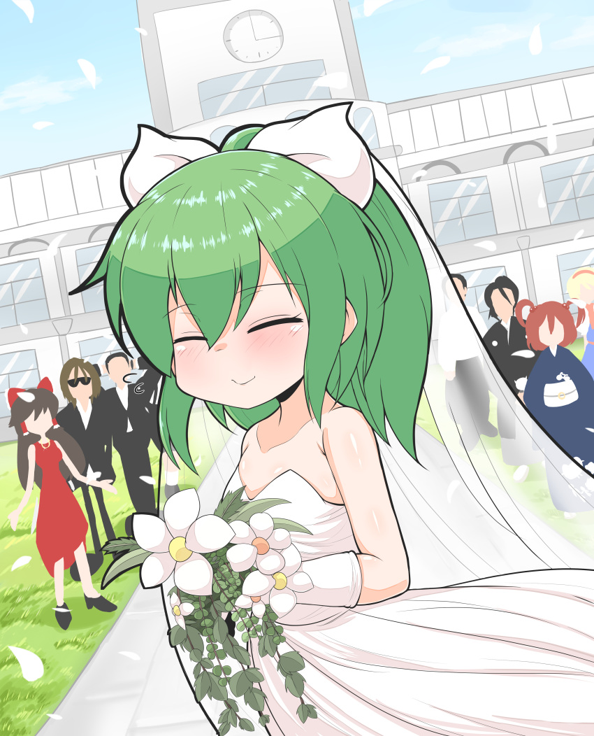 4boys 4girls absurdres alice_margatroid alternate_costume bangs black_kimono black_pants blonde_hair blush bouquet bow breasts bridal_veil brown_hair character_request clock closed_eyes closed_mouth commentary_request cookie_(touhou) cowboy_shot daiyousei day diyusi_(cookie) dress flower gloves gyakutai_ojisan hair_between_eyes hair_bow hairband hakurei_reimu highres hinase_(cookie) hirano_gengorou holding holding_bouquet japanese_clothes kimono long_hair manatsu_no_yo_no_inmu multiple_boys multiple_girls noel_(cookie) onozuka_komachi outdoors pants ponytail red_dress red_hair red_hairband rnt_(251139) shiny shiny_hair shirt shishou_(cookie) sleeveless sleeveless_dress small_breasts smile solo_focus standing strapless strapless_dress sunglasses takuya_(acceed) touhou two_side_up veil wedding_dress white_bow white_flower white_gloves white_shirt