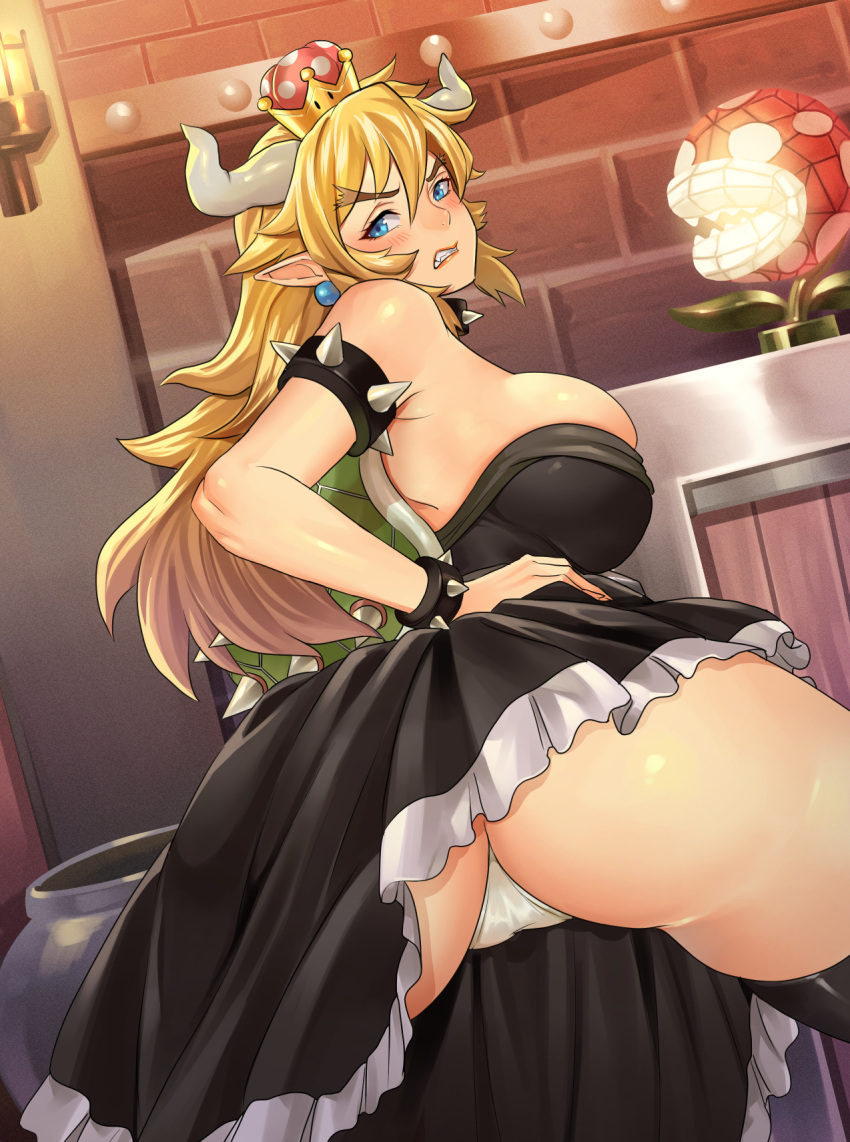 1girl armlet armpits ass bangs bare_shoulders bent_over black_collar black_dress black_thighhighs blonde_hair blue_eyes blush bowsette bracelet breasts clenched_teeth collar commentary_request crown dress dutch_angle earrings fang forked_eyebrows frilled_dress frills from_behind hair_between_eyes hand_on_hip highres horns huge_breasts indoors jewelry lipstick long_hair looking_at_viewer looking_back makeup mario_(series) new_super_mario_bros._u_deluxe no_tail panties piranha_plant pointy_ears presenting seed01010 shiny shiny_skin sidelocks skindentation solo spiked_armlet spiked_bracelet spiked_collar spiked_shell spikes spread_legs strapless strapless_dress super_crown teeth thighhighs turtle_shell twisted_torso underwear very_long_hair white_panties