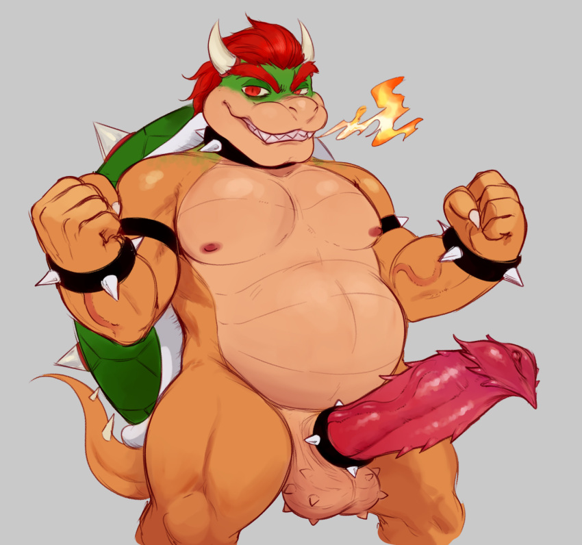 2022 accessory anthro balls bowser bracelet breath_powers cock_ring collar elemental_manipulation erection fire fire_breathing fire_manipulation genitals hair hi_res horn jewelry koopa male mario_bros musclegut nintendo nipples omegahaunter penile_spines penis penis_accessory penis_jewelry red_hair scalie solo spiked_balls spiked_bracelet spiked_collar spikes spikes_(anatomy) video_games