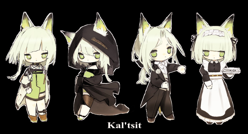 1girl alternate_costume animal_ear_fluff animal_ears apron arknights bare_shoulders black_background black_dress black_jacket black_pants black_robe boots bow bowtie brown_footwear character_name commentary_request dress ears_through_headwear enmaided formal green_dress highres holding hood hood_up hooded_robe jacket juliet_sleeves kal'tsit_(arknights) long_sleeves maid multiple_views off-shoulder_jacket off_shoulder pant_suit pants puffy_sleeves robe shirt shoes simple_background suit suzume_(f_mof3) syringe vest white_apron white_bow white_bowtie white_jacket white_shirt white_vest