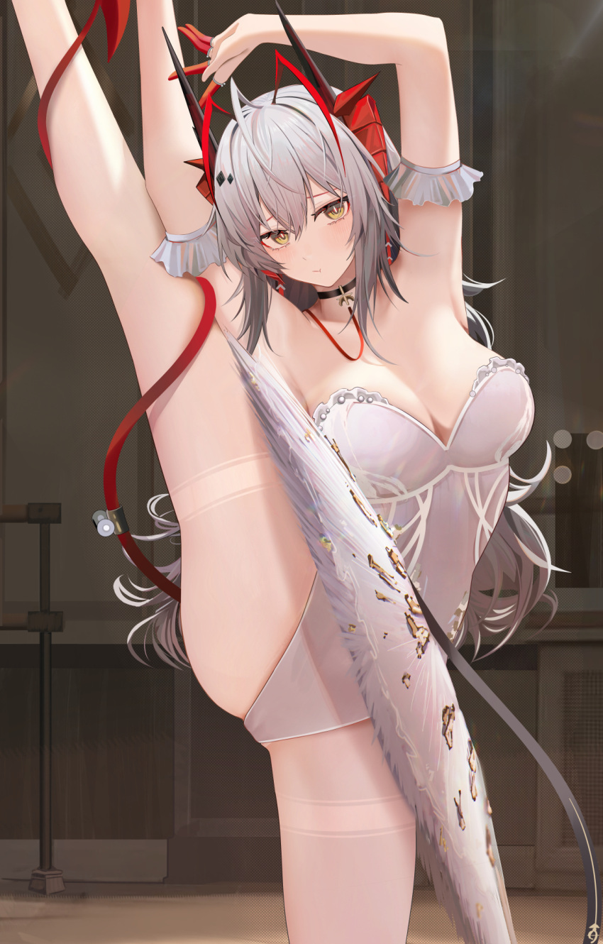 1girl antenna_hair arknights arm_garter armpits arms_up ballerina ballet bangs bare_arms bare_shoulders barre black_choker blush breasts cameltoe choker cleavage closed_mouth dress feet_out_of_frame grey_hair highres horns indoors large_breasts leg_up leotard leotard_peek long_hair looking_at_viewer pantyhose pink_leotard revision ru_zhai single_leg_pantyhose solo split standing standing_on_one_leg standing_split strapless strapless_leotard thighband_pantyhose thighs tutu w_(arknights) white_dress white_hair white_pantyhose yellow_eyes