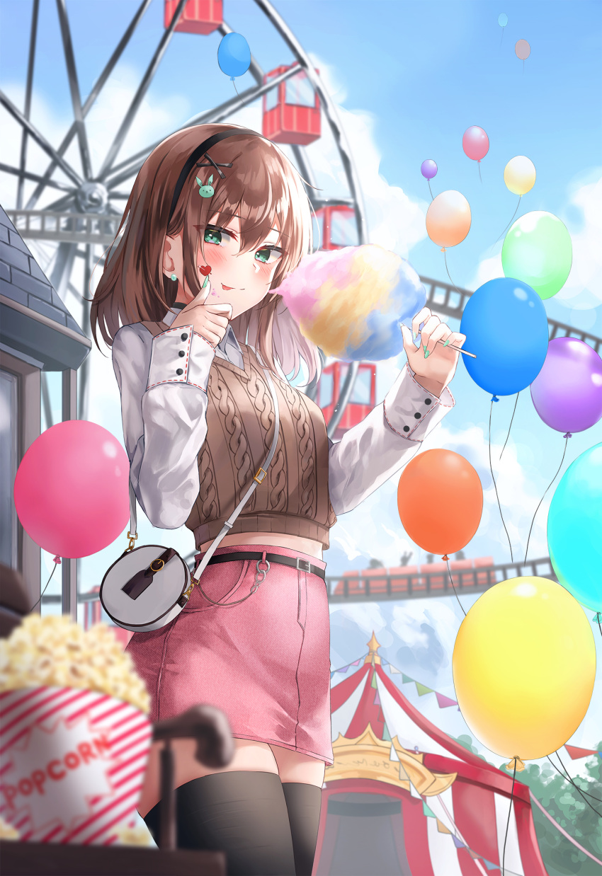 1girl :p bag balloon belt black_thighhighs blurry brown_hair brown_sweater_vest circus_tent closed_mouth collared_shirt cotton_candy cowboy_shot crop_top day depth_of_field earrings ferris_wheel food green_eyes hair_ornament hairband hand_up highres holding jewelry lkeris long_hair long_sleeves looking_at_viewer midriff miniskirt original outdoors pencil_skirt pink_skirt popcorn shirt shoulder_bag skirt smile solo standing sweater_vest tent thighhighs thighs tongue tongue_out white_shirt x_hair_ornament zettai_ryouiki