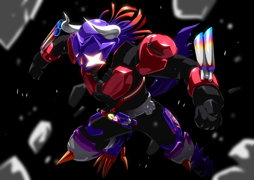 1boy black_background boost_buckle boost_zombie buffalo charging_forward claw_(weapon) clenched_hands exhaust_pipe fake_tail glowing glowing_eyes gradient_hair highres horns kamen_rider kamen_rider_buffa kamen_rider_geats_(series) knee_spikes male_focus multicolored_hair otokamu purple_hair purple_headwear purple_scarf red_armor red_hair scarf solo spikes tail wall water_buffalo weapon zombie_buckle