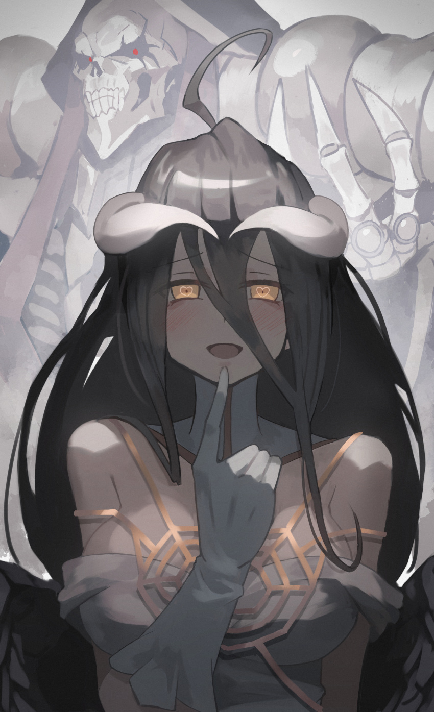 1boy 1girl absurdres ainz_ooal_gown albedo_(overlord) black_feathers black_hair black_wings blush breasts demon_girl demon_horns dress feathered_wings feathers gloves hair_between_eyes hand_up heart heart-shaped_pupils highres horns katsu_(katsupainter) large_breasts lich long_hair low_horns low_wings off-shoulder_dress off_shoulder overlord_(maruyama) skeleton solo_focus symbol-shaped_pupils undead white_dress white_gloves white_horns wings