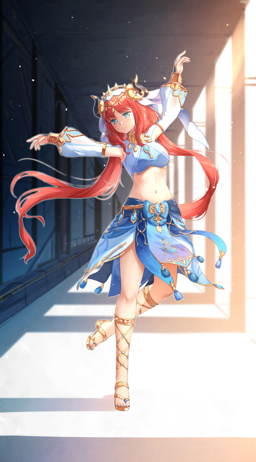 1girl aqua_eyes arm_up bangs blue_bow blue_skirt blush bow brooch chahei circlet closed_mouth commentary_request crop_top dancer dancing dappled_sunlight day feet floating_hair full_body genshin_impact gladiator_sandals gold_footwear gold_trim harem_outfit highres horns jewelry leg_up legs long_hair long_sleeves looking_at_viewer low_twintails navel neck_ring nilou_(genshin_impact) outstretched_arm parted_bangs pelvic_curtain puffy_long_sleeves puffy_sleeves sandals shrug_(clothing) skirt smile solo standing standing_on_one_leg stomach sunlight toes twintails vambraces veil vision_(genshin_impact) white_headwear