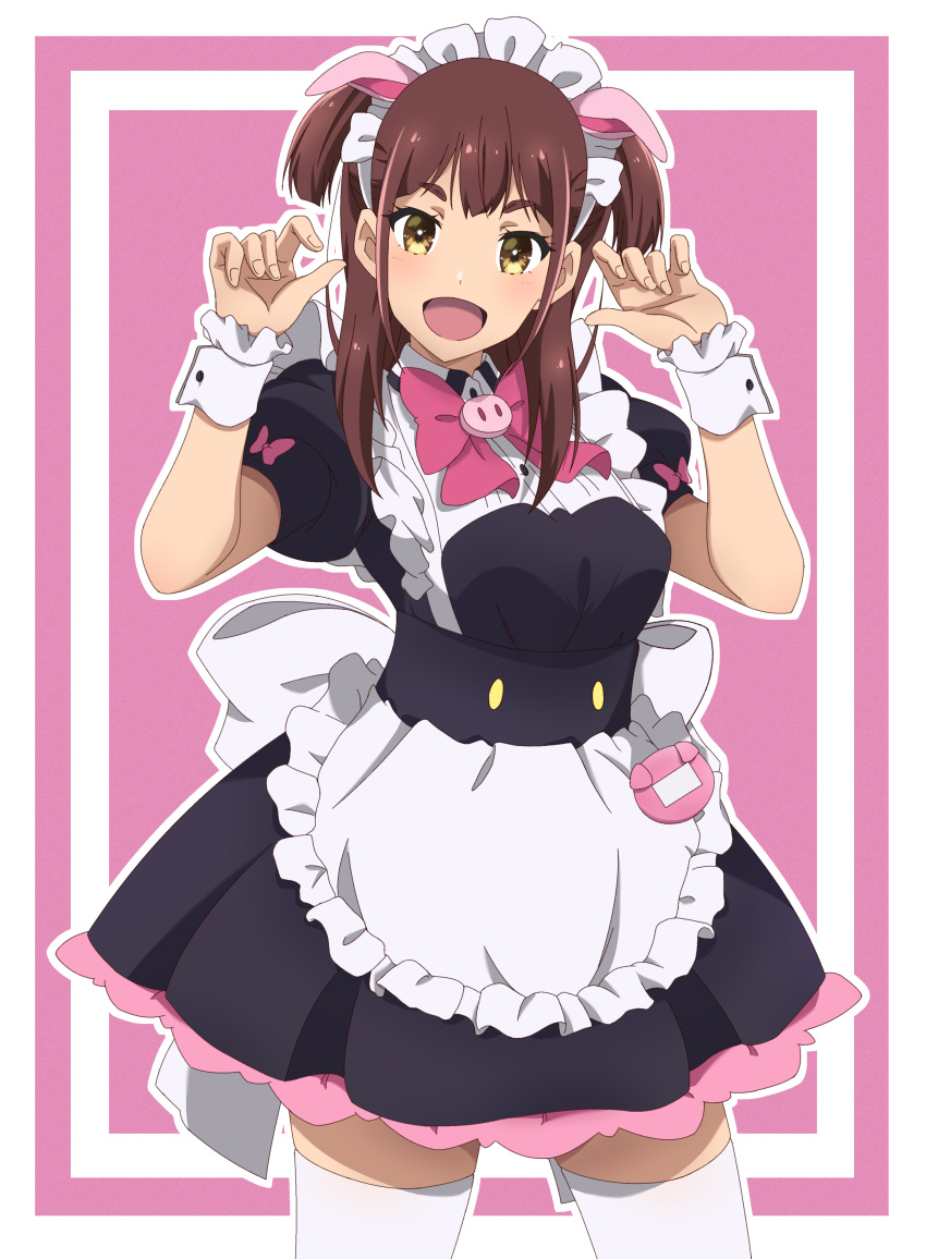 1girl :d absurdres akiba_maid_war animal_ears apron black_dress bow bowtie brown_hair dress emily0103 fake_animal_ears highres kazuhira_nagomi long_hair looking_at_viewer maid maid_headdress pig_ears pink_background pink_bow pink_bowtie puffy_short_sleeves puffy_sleeves short_sleeves simple_background smile solo standing thighhighs white_thighhighs wrist_cuffs yellow_eyes