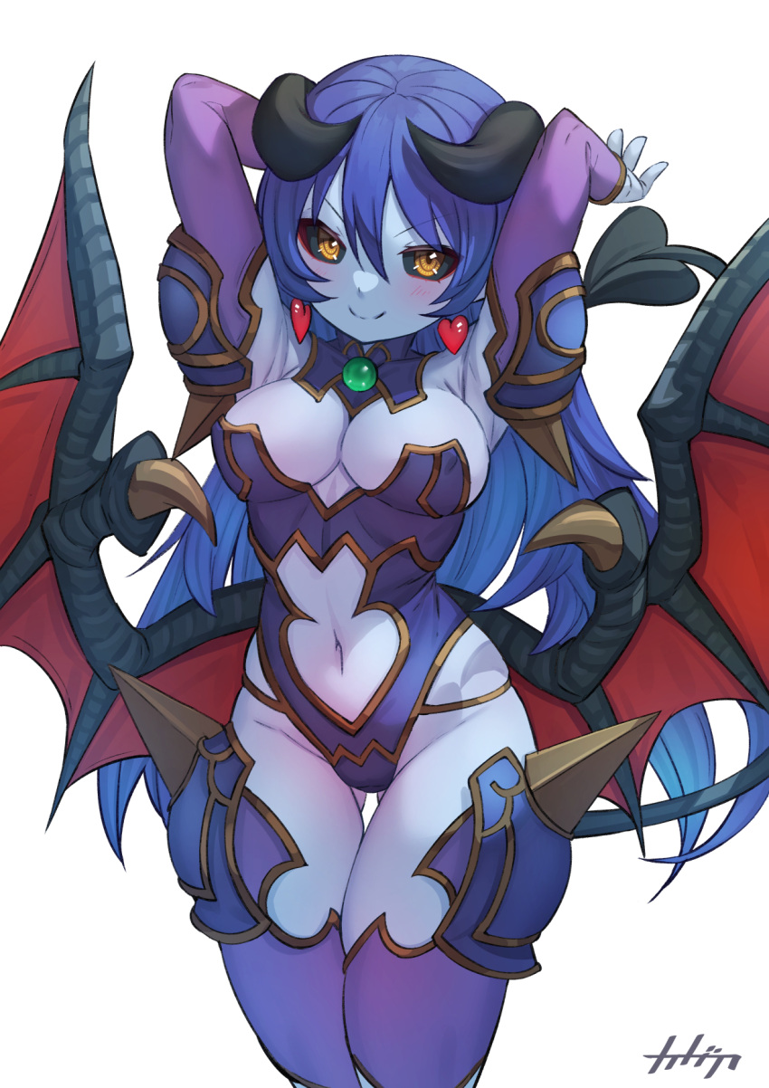 1girl arms_behind_head arpeggio_kaga astaroth_(shinrabanshou) black_horns black_sclera blue_hair blue_skin closed_mouth clothing_cutout colored_sclera colored_skin commentary_request demon_girl demon_tail demon_wings earrings hair_between_eyes heart heart_earrings highres horns jewelry long_hair looking_at_viewer navel navel_cutout shinrabanshou simple_background smile solo tail white_background wings yellow_eyes