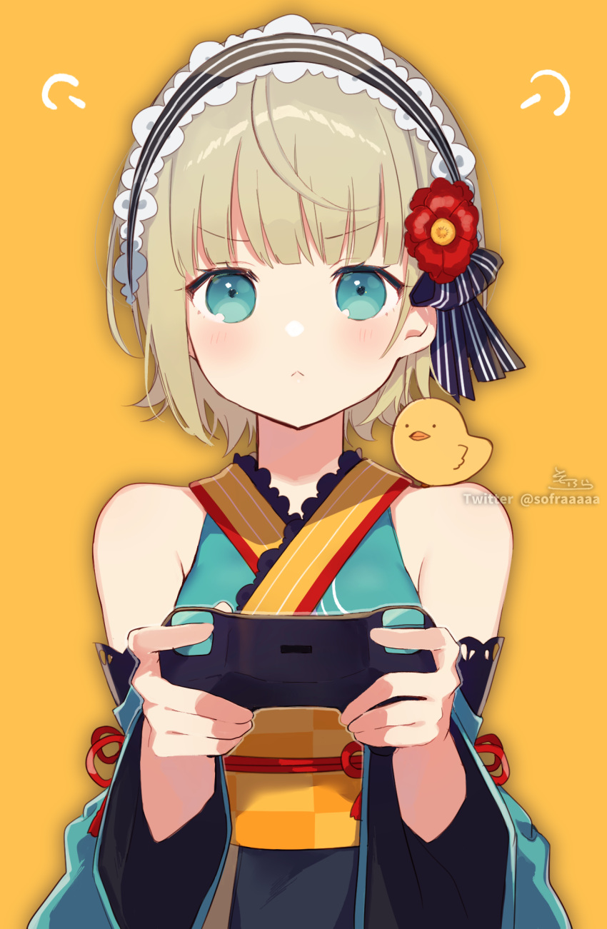 &gt;:( 1girl animal_on_shoulder bangs bare_shoulders bird black_bow black_hairband blue_eyes blue_kimono blue_sleeves blush bow brown_hair chick closed_mouth commission controller detached_sleeves flower game_controller hair_flower hair_ornament hairband hands_up highres holding indie_virtual_youtuber japanese_clothes kimono light_frown long_sleeves looking_at_viewer mayasan-chi orange_background red_flower skeb_commission sleeveless sleeveless_kimono sofra solo striped striped_bow striped_hairband twitter_username upper_body v-shaped_eyebrows virtual_youtuber watermark wide_sleeves