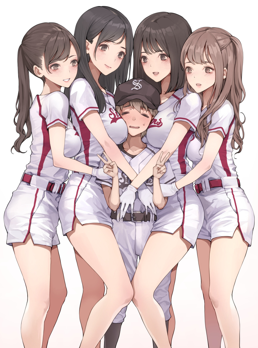 1boy 4girls absurdres age_difference bangs baseball_cap belt between_breasts black_belt black_hair blush bob_cut breast_press breast_rest breast_smother breasts breasts_on_head brown_eyes brown_hair closed_eyes face_to_breasts feet_out_of_frame gloves harem hat head_between_breasts highres hug koh_(minagi_kou) long_hair looking_at_another medium_breasts multiple_girls onee-shota open_mouth original pants red_belt shorts simple_background smile standing thighs twintails v white_background white_gloves white_pants white_shorts