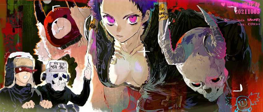 1boy 1girl alternate_breast_size bent_over black_jumpsuit black_shirt breast_envy breasts cleavage commentary covered_face dated dorohedoro ebisu_(dorohedoro) eye_mask fujita_(dorohedoro) hand_up hat highres holding holding_mask holding_matchstick holding_skull jumpsuit kikurage_(dorohedoro) long_sleeves looking_at_viewer mask mask_removed nano_(c175311) one_eye_covered open_mouth partially_unzipped poster_(object) purple_eyes purple_hair runny_nose shirt short_hair sitting skull skull_mask snot surprised symbol-only_commentary teardrop tengu_mask turtleneck