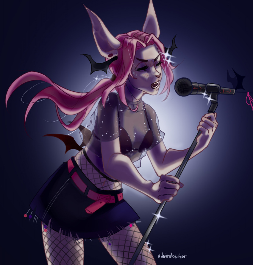 admiralobster anthro black_bottomwear black_bra black_clothing black_skirt black_underwear bottomwear bra clothed clothing ear_piercing eyelashes eyes_closed fangs female fishnet fishnet_legwear gauged_ear grey_body hair head_wings hi_res legwear long_hair microphone open_mouth piercing pink_hair portrait signature simple_background singing skirt solo sparkles standing three-quarter_portrait translucent translucent_clothing translucent_topwear underwear wings