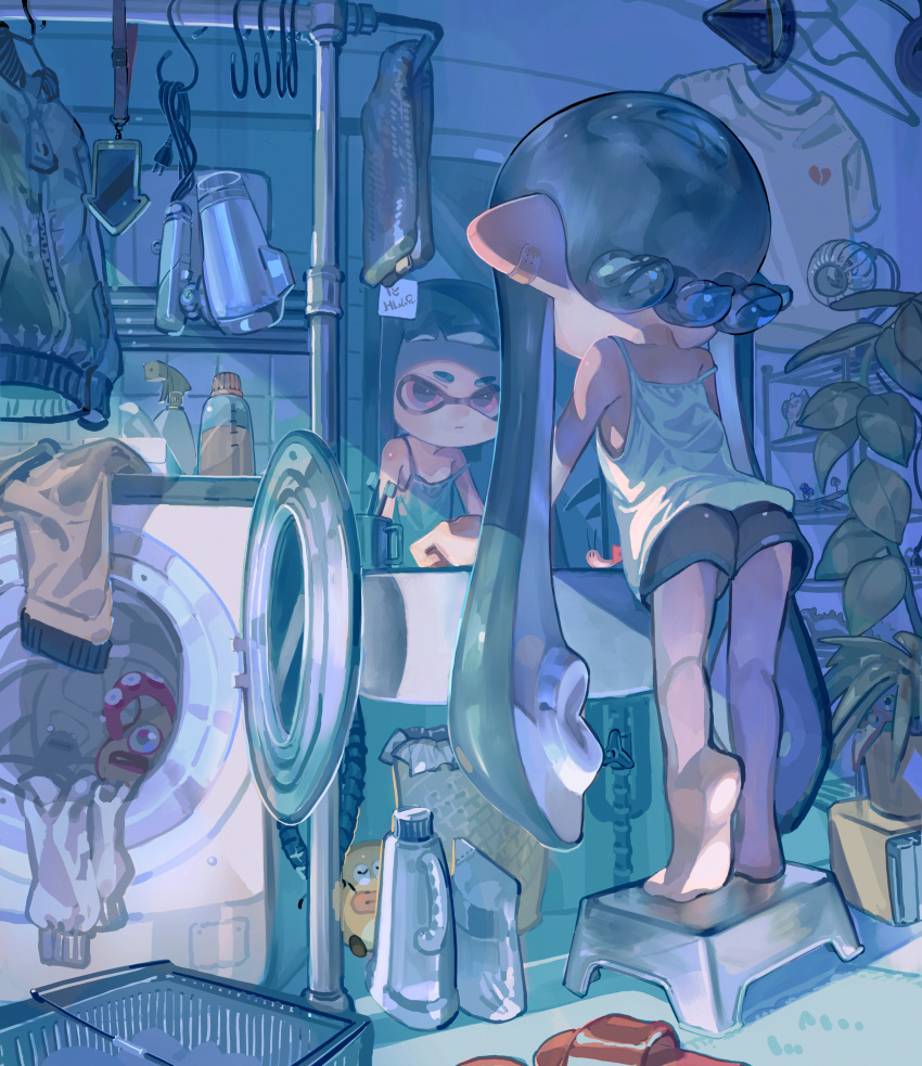 1girl absurdres aspara bangs basket bathroom black_hair black_shorts blunt_bangs bottle camisole cellphone cup dolphin_shorts earclip footstool from_behind hair_dryer heel_up highres indoors inkling inkling_girl leaning_forward long_hair looking_at_mirror mirror octarian octotrooper phone plant pointy_ears purple_eyes red_footwear sandals shirt short_shorts shorts sink smartphone solo splatoon_(series) splatoon_1 spray_bottle strap_slip t-shirt tentacle_hair toothbrush very_long_hair washing white_shirt zapfish