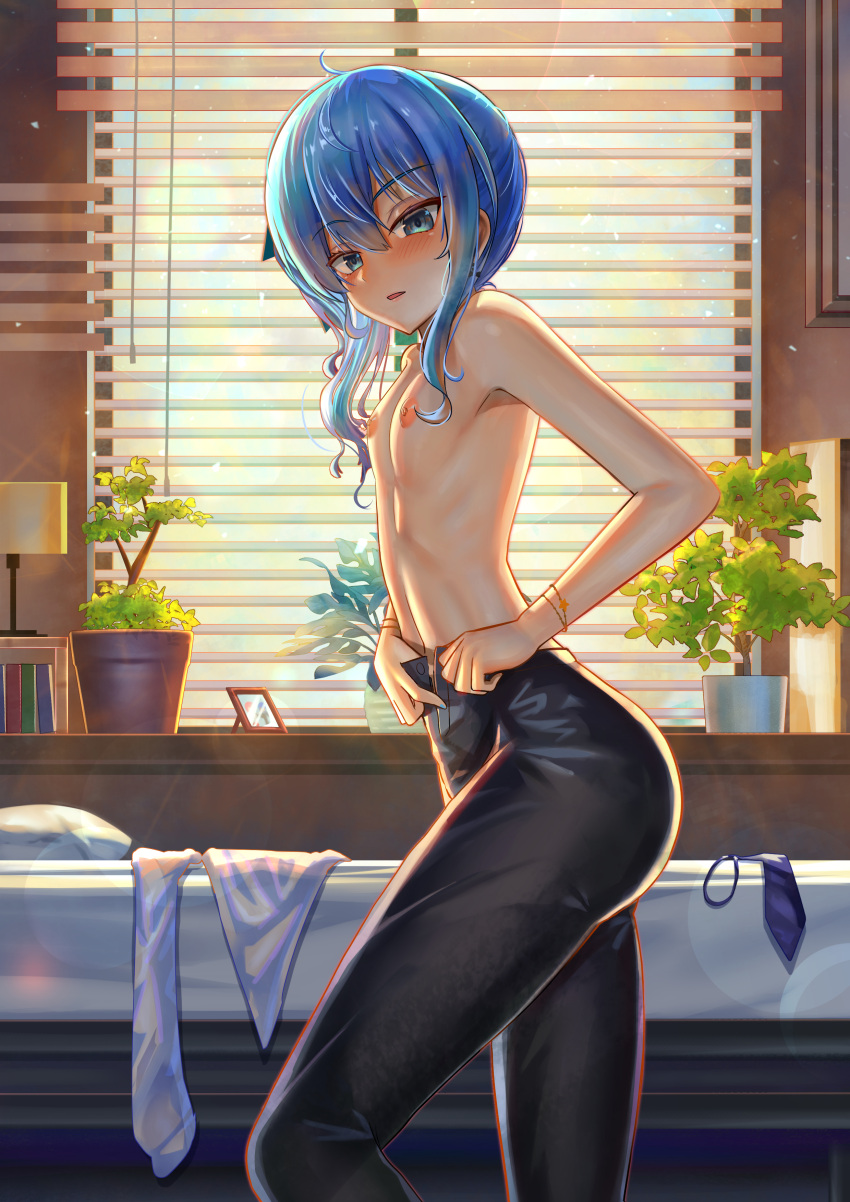 1girl absurdres black_pants blue_eyes blue_hair blush bracelet breasts flat_chest highres hololive hoshimachi_suisei indoors jagoo jewelry lamp lips looking_at_viewer medium_hair nipples pants parted_lips plant potted_plant side_ponytail small_breasts solo star_bracelet topless undressing virtual_youtuber window