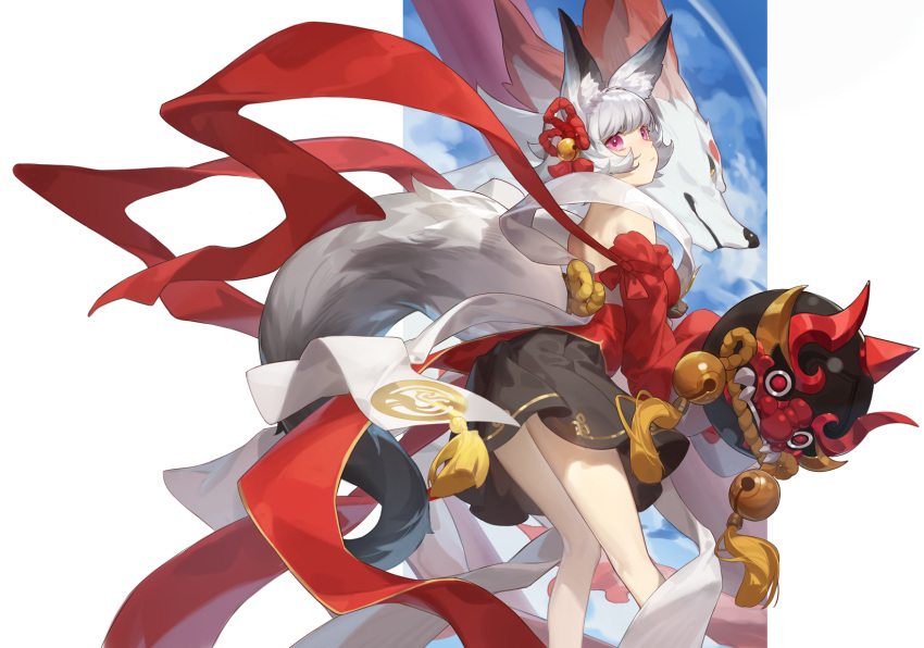 1girl animal_ear_fluff animal_ears bare_shoulders brown_skirt closed_mouth feet_out_of_frame fox fox_ears fox_girl fox_tail grey_hair hagoromo hair_ornament highres holding holding_weapon looking_at_viewer looking_back off-shoulder_shirt off_shoulder original pink_eyes red_cucumber red_shirt shawl shirt short_hair skirt solo standing tail weapon