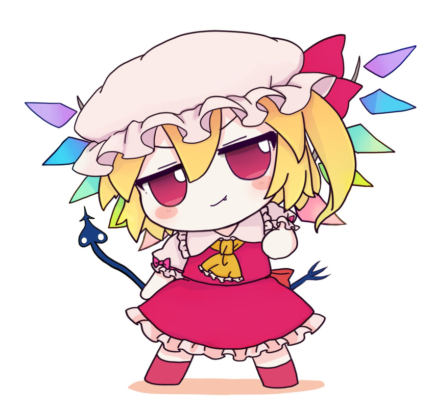 1girl ascot bangs blonde_hair closed_mouth crystal fang flandre_scarlet full_body hat highres laevatein_(touhou) looking_at_viewer mob_cap one_side_up red_eyes red_shirt red_skirt red_vest rei_(tonbo0430) shirt short_sleeves simple_background skirt smile solo touhou vest white_background white_headwear white_shirt wings yellow_ascot