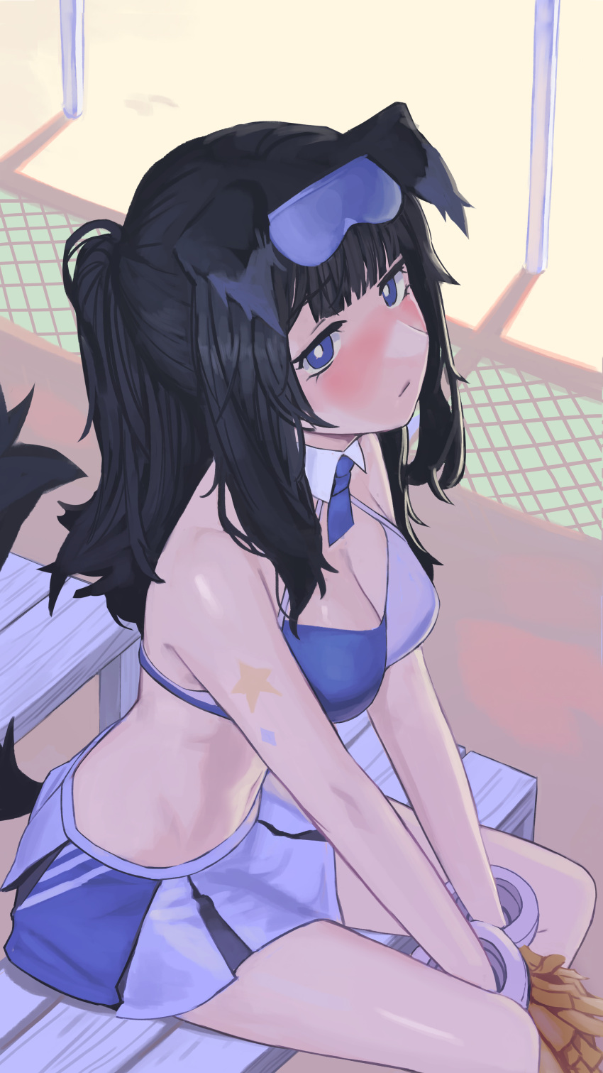 1girl absurdres animal_ears bangs black_hair blue_archive blue_eyes blue_skirt blush breasts cheerleader cleavage closed_mouth dog_ears dog_girl dog_tail goggles goggles_on_head hibiki_(blue_archive) hibiki_(cheerleader)_(blue_archive) highres holding holding_pom_poms long_hair medium_breasts midriff mj154123 multicolored_clothes nose_blush outdoors pom_pom_(cheerleading) ponytail sitting skirt solo star_sticker star_tattoo sticker_on_arm tail tattoo white_skirt