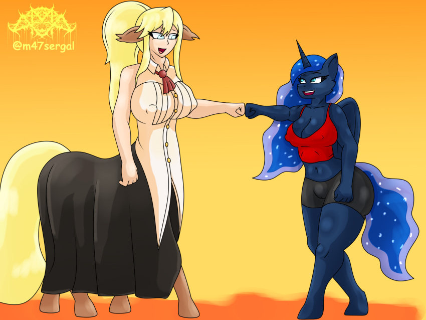 anthro centorea_shianus_(monster_musume) clothing duo female fist_bump friendship_is_magic gesture hasbro hi_res humanoid m-47 monster_girl_(genre) monster_musume my_little_pony princess_luna_(mlp) simple_background suit taur