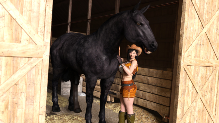 3d_(artwork) animal_genitalia animal_penis barn bestiality black_hair clothing cowboy_hat curvaceous curvy_figure digital_media_(artwork) duo equid equine equine_penis female female_on_feral feral final_fantasy final_fantasy_vii genitals gloves hair handwear hat hay headgear headwear hi_res horse human human_on_feral imminent_bestiality imminent_sex interspecies long_hair male male/female mammal penis size_difference square_enix tifa_lockhart tiltproofno video_games voluptuous wide_hips