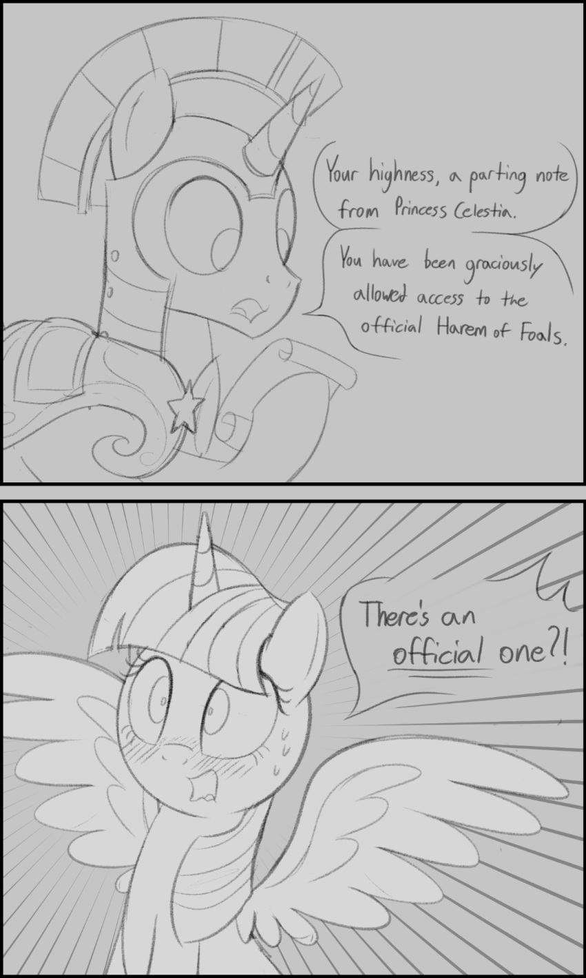 2_panel_comic ambiguous_gender armor blush bodily_fluids dialogue dtcx97 duo english_text equid equine female feral friendship_is_magic hasbro headgear helmet hi_res horn mammal monochrome my_little_pony open_mouth princess_twilight_sparkle_(mlp) royal_guard_(mlp) scroll sweat text twilight_sparkle_(mlp) unicorn wing_boner winged_unicorn wings
