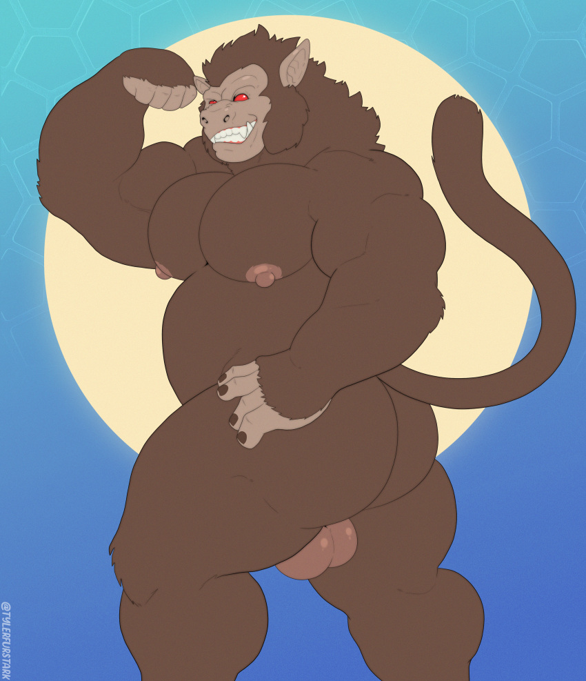 absurd_res anthro balls brown_body brown_fur butt_pose dragon_ball dragon_ball_z full_moon fur genitals haplorhine hi_res looking_at_viewer looking_back male mammal moon night nipples nude oozaru pose primate rear_view red_eyes saiyan simple_background solo tylerstark