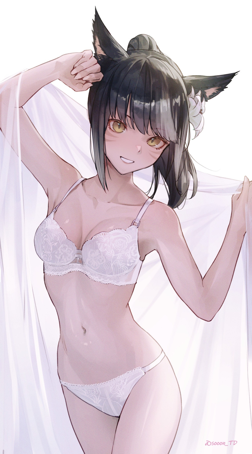 1girl absurdres animal_ears avatar_(ff14) bangs black_hair blunt_bangs bra breasts commentary commission cowboy_shot facial_tattoo final_fantasy final_fantasy_xiv flower hair_flower hair_ornament hands_up highres looking_at_viewer medium_breasts medium_hair miqo'te navel open_mouth panties ponytail skeb_commission smile solo sooon tattoo teeth twitter_username underwear white_background white_bra white_flower white_panties yellow_eyes
