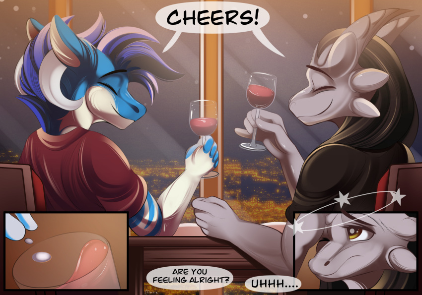 alcohol anthro beverage chair clothed clothing comic conrie dinner dizzy dragon drugging furniture hi_res male night scalie shirt sitting skyline table topwear wine