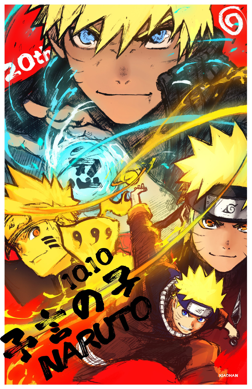 1boy absurdres anniversary blonde_hair blue_eyes facial_mark forehead_protector fxdjia1995 glowing highres horizontal_pupils jacket konohagakure_symbol kunai looking_at_viewer naruto naruto_(series) naruto_shippuuden orange_eyes rasengan smile spiked_hair uzumaki_naruto weapon whisker_markings