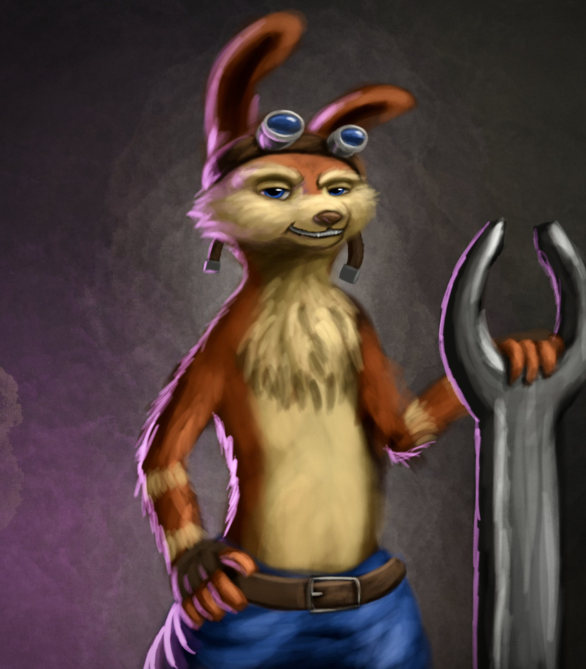 2022 anthro belt belt_buckle blue_bottomwear blue_clothing blue_pants bottomwear clenched_teeth clothing daxter eyewear eyewear_on_head fangs fur goggles goggles_on_head half-closed_eyes half-length_portrait hand_on_hip hi_res ian-exe jak_and_daxter looking_at_viewer male mammal mustelid narrowed_eyes naughty_dog ottsel pants portrait pose shirtless shirtless_anthro shirtless_male smile smiling_at_viewer solo sony_corporation sony_interactive_entertainment standing teeth tools video_games wrench