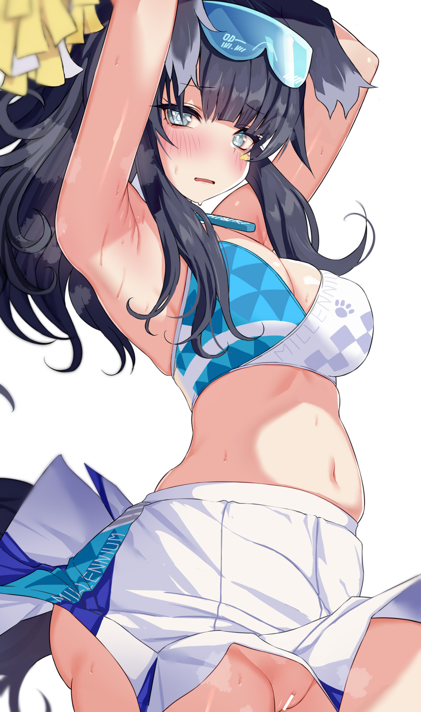 1girl absurdres animal_ears ariso_kaoru armpits bar_censor blue_archive blue_eyes blue_skirt blush breasts censored cheerleader cleavage colored_skin dog_ears dog_girl dog_tail eyewear_on_head gradient gradient_background grey_background hibiki_(blue_archive) hibiki_(cheerleader)_(blue_archive) highres looking_at_viewer medium_breasts medium_hair midriff navel no_panties pom_pom_(cheerleading) pussy simple_background skirt solo star_tattoo sunglasses sweat tail tattoo two-tone_skirt white_background white_skirt