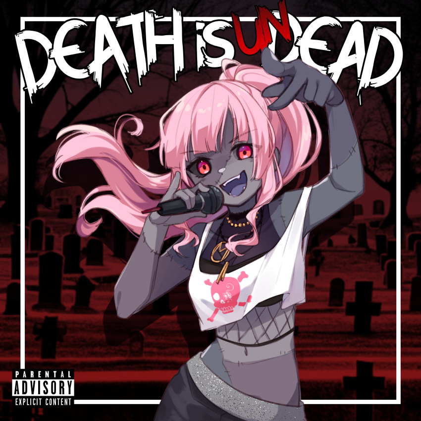 1girl absurdres album_cover bangs colored_skin cover graveyard highres holding holding_microphone hololive hololive_english kokagremlin long_hair looking_at_viewer microphone mori_calliope multicolored_hair open_mouth parental_advisory patchwork_skin pink_eyes pink_hair rapping smile solo stitches tombstone virtual_youtuber zombie