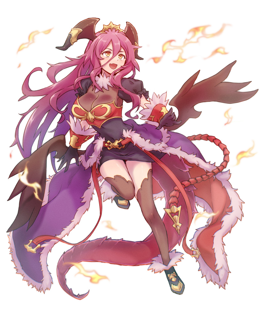 1girl breasts cape cleavage crown dragalia_lost dragon dragon_girl dragon_horns dragon_tail dragon_wings ekra fang fur-trimmed_cape fur-trimmed_gloves fur_trim gloves highres horns long_hair medium_breasts mym_(dragalia_lost) open_mouth puffy_sleeves red_hair see-through smile solo tail thighhighs thighs very_long_hair waist_cape white_background wings yellow_eyes