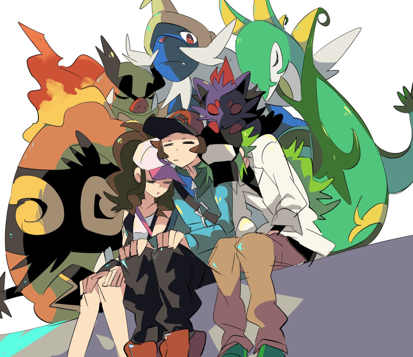 1girl 2boys bag baseball_cap blue_jacket brown_hair commentary emboar fang green_footwear green_hair hat head_on_another's_shoulder highres hilbert_(pokemon) hilda_(pokemon) jacket multiple_boys n_(pokemon) on_head pokemon pokemon_(creature) pokemon_(game) pokemon_bw pokemon_on_head ponytail red_footwear samurott serperior sitting sleeping symbol-only_commentary vest zianazu zorua