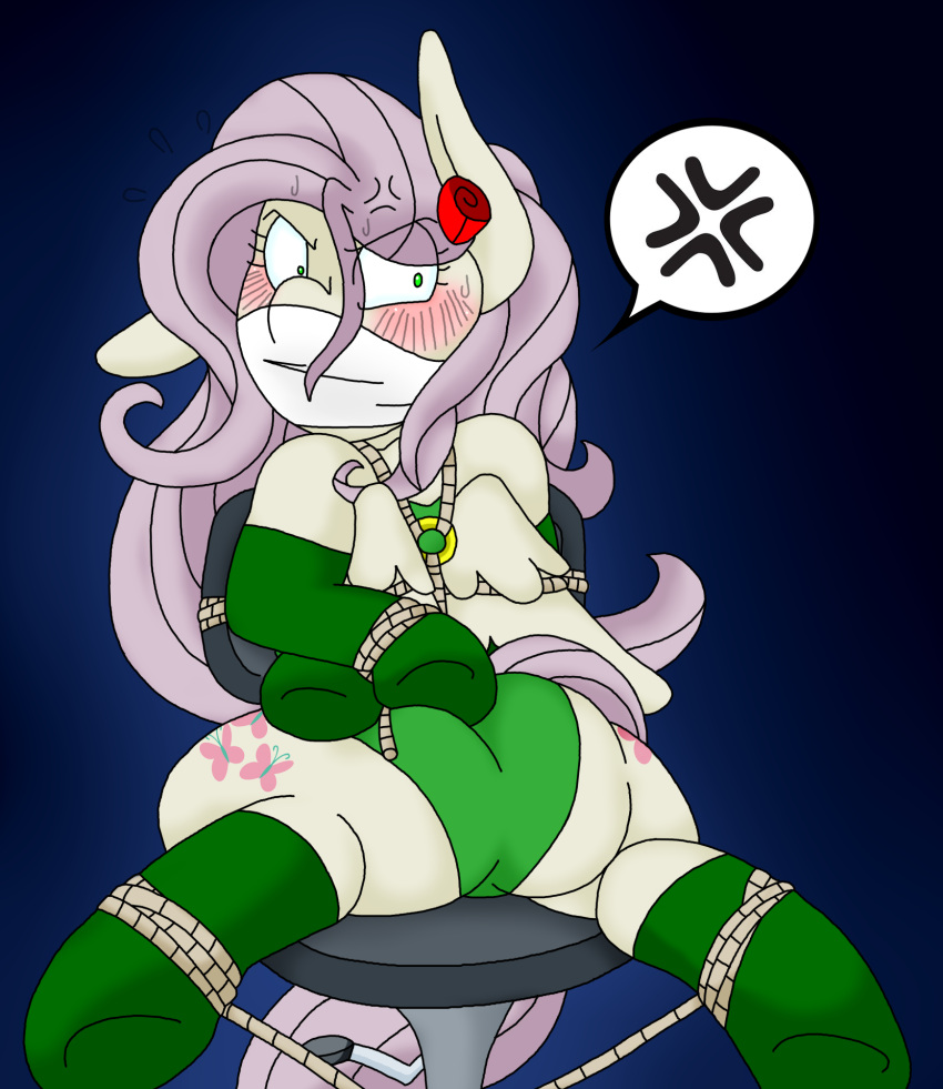 2016 angry bdsm blackbewhite2k7 blue_background blush bondage bound butt cloth_gag clothing cross-popping_vein crossover cutie_mark digital_media_(artwork) discorded equid equine female feral fluttershy_(mlp) friendship_is_magic gag green_clothing green_eyes green_legwear green_leotard hasbro hi_res legwear leotard looking_back mammal my_little_pony pegasus pictogram poison_ivy pupils restrained restraints rope rope_bondage simple_background small_pupils solo spread_legs spreading teal_eyes vein wings