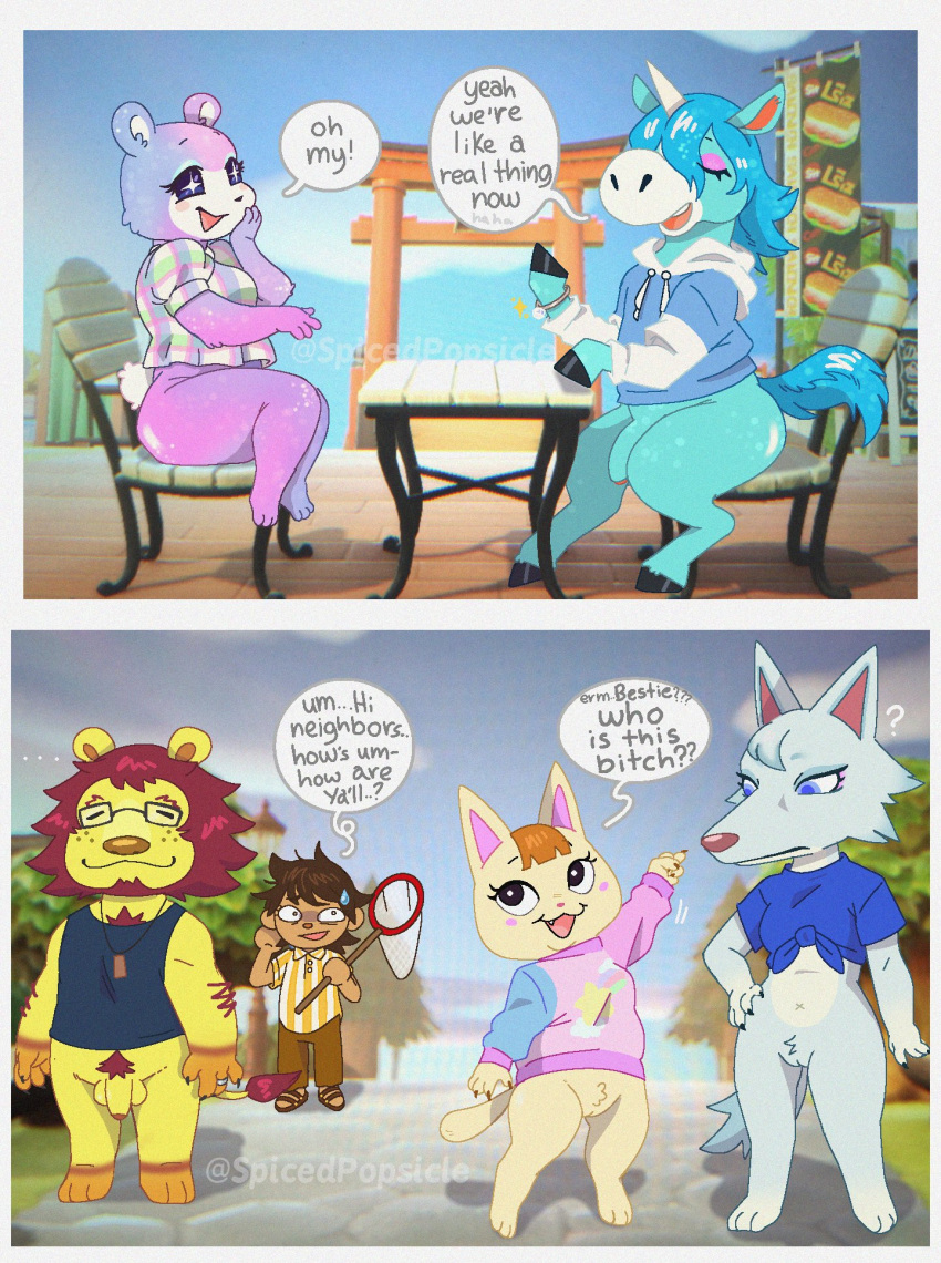 2022 animal_crossing anthro balls banner barefoot blush bodily_fluids bottomless bottomwear bug_net canid canine canis casual_exposure chair claws clothed clothing comic crop_top day dialogue dog_tags domestic_cat ellipsis english_text equid equine eyelashes eyeshadow eyewear feet felid feline felis female flaccid footwear foreskin freckles fur furniture genitals gesture glasses group hair hand_on_hip hi_res hoodie hooved_hands hooves horn human humanoid_genitalia humanoid_penis humor judy_(animal_crossing) julian_(animal_crossing) lion long_hair makeup male mammal mane merry_(animal_crossing) mott_(animal_crossing) multiple_scenes nintendo outside pantherine pants penis plant plantigrade pointing profanity pubes pussy question_mark ring_(jewelry) sandals shadow shirt sitting sky smile spicedpopsicle standing sweat sweatdrop sweater table tank_top text the_truth topwear tree tuft unicorn unicorn_horn url ursid video_games villager_(animal_crossing) whitney_(animal_crossing) wolf
