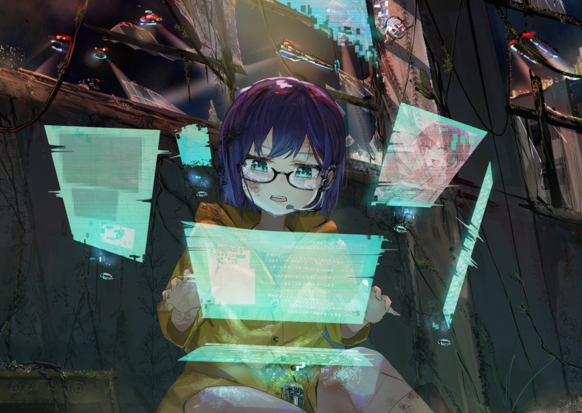 1girl a-chan_(hololive) bangs black-framed_eyewear blue_eyes blue_hair check_commentary commentary_request funi_mu9 glasses headset highres hologram holographic_interface holographic_monitor holographic_touchscreen hololive open_mouth short_hair sitting swept_bangs tokino_sora virtual_youtuber yellow_raincoat