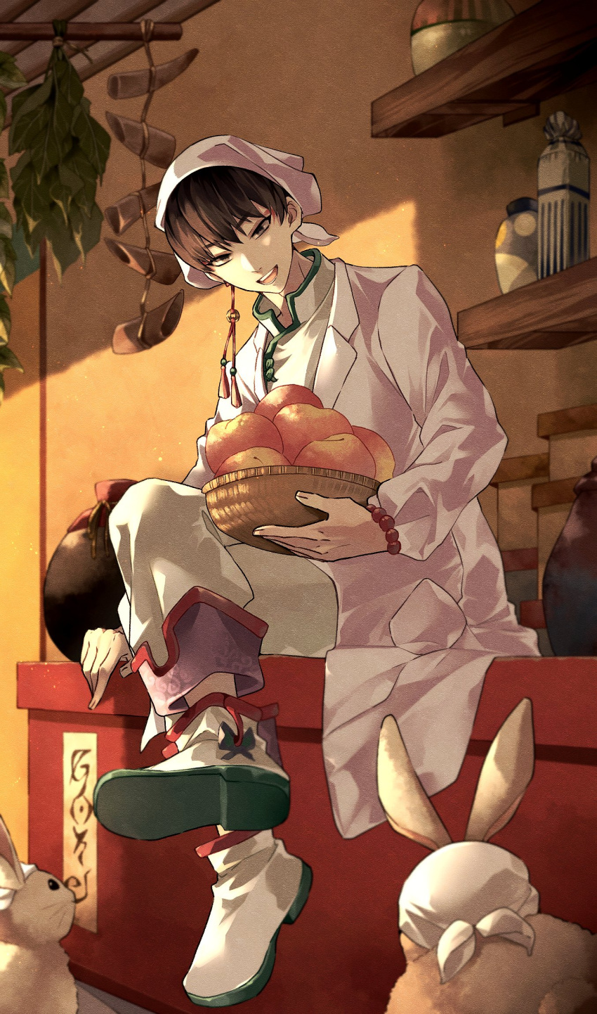 1boy bandana basket boots brown_eyes brown_hair coat crossed_legs full_body hair_between_eyes hair_ornament hakutaku_(hoozuki_no_reitetsu) high_collar highres holding holding_basket hoozuki_no_reitetsu kagachakichi male_focus open_mouth pants pants_rolled_up rabbit shelf shirt short_hair sitting smile solo string string_of_fate tassel tassel_hair_ornament teeth upper_teeth white_bandana white_coat white_footwear white_headwear white_pants white_shirt