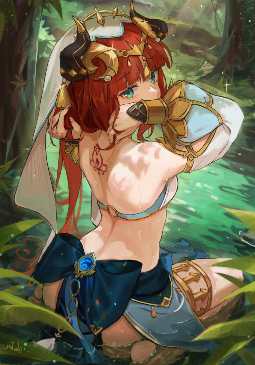 1girl absurdres arms_up back back_tattoo bangs bare_back bare_shoulders circlet covered_mouth genshin_impact green_eyes hand_in_own_hair highres horns long_hair long_sleeves looking_at_viewer looking_back nilou_(genshin_impact) parted_bangs puffy_long_sleeves puffy_sleeves red_hair revision signature solo tattoo thighlet vambraces veil water xude