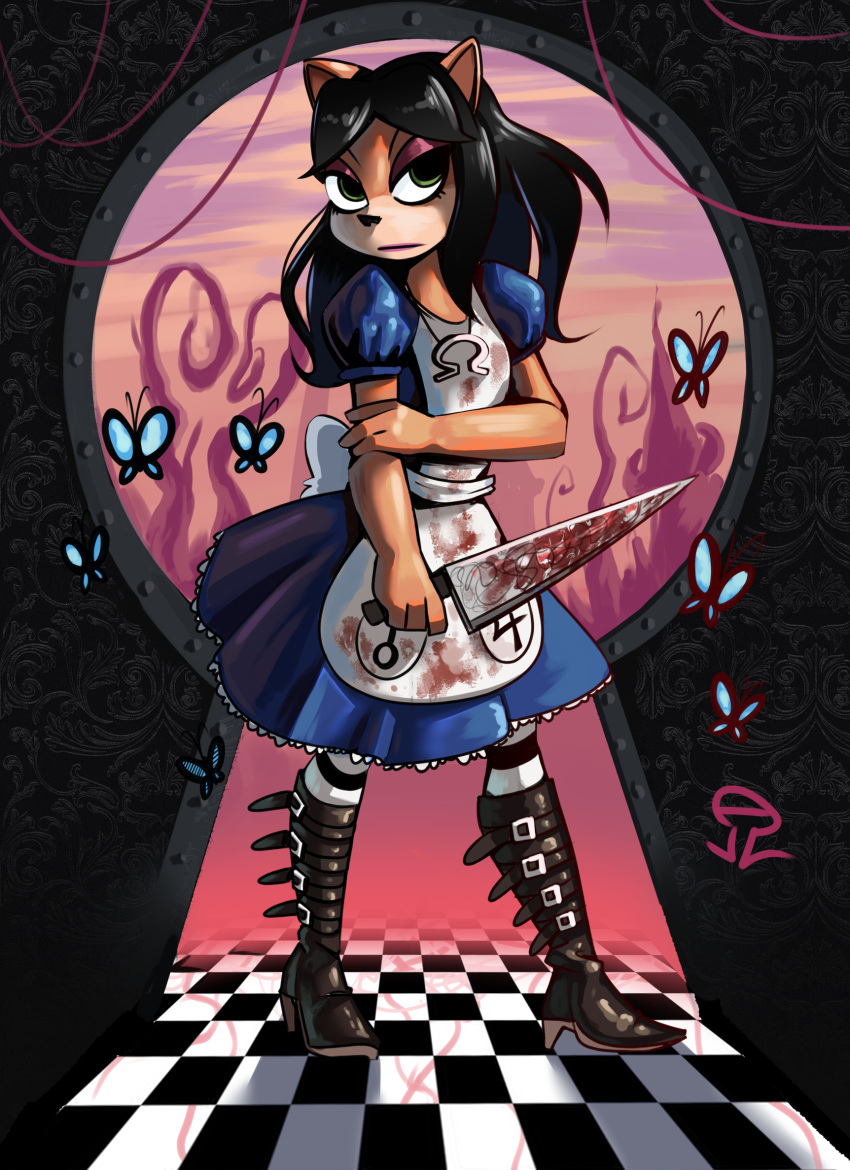 activision alice_(alice_in_wonderland) alice_in_wonderland alice_liddell alice_madness_returns alvh-omega american_mcgee's_alice anthro artist_logo bandicoot black_hair black_nose blood bodily_fluids boots bow_(feature) bow_accessory breasts buttfly clothed clothing coco_bandicoot crash_bandicoot_(series) crossover digital_media_(artwork) dress eyelashes eyeshadow female fingers footwear fur green_eyes hair hi_res high_heeled_boots high_heels holding_object holding_weapon jewelry knife legwear lipstick logo long_hair makeup mammal marsupial necklace shaded shadow solo stockings video_games weapon