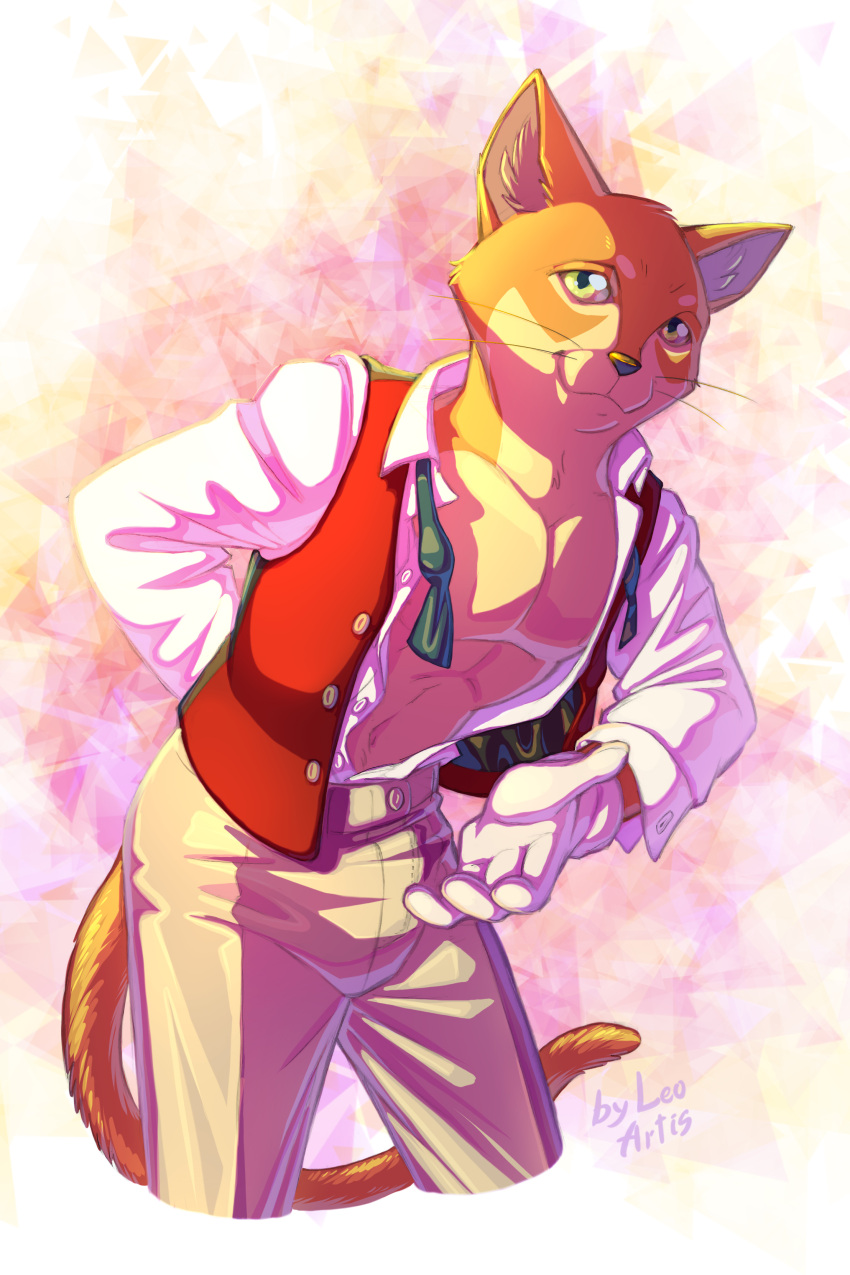 2022 4_fingers absurd_res anthro bare_chest baron_humbert_von_gikkingen belt bottomwear classy clothing domestic_cat felid feline felis fingers ghibli gradient_background hi_res inner_ear_fluff leo-artis mammal pants red_clothing red_topwear signature simple_background smile solo suit the_cat_returns topwear tuft vest white_bottomwear white_clothing white_pants white_topwear